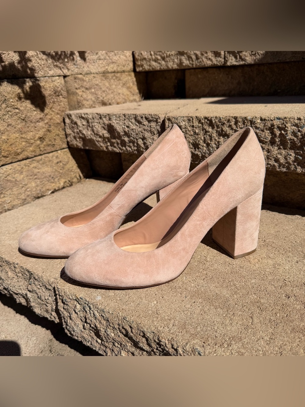 Classic Suede Block Heel Pumps in Blush